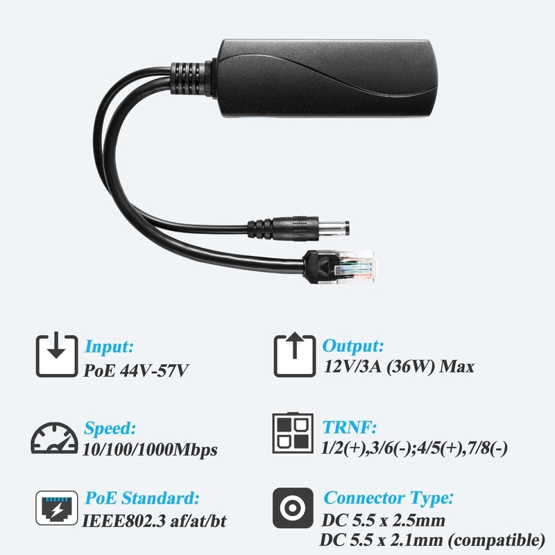 REVODATA Gigabit 36W PoE Splitter 12V/3A, DC 5.5 * 2.5mm Plug PoE to DC 12V/3A Output, Gigabit Ethernet Comply IEEE802.3bt, Plug and Play for IP Camera, Smart Home(PS5712BG-25) - Image 3